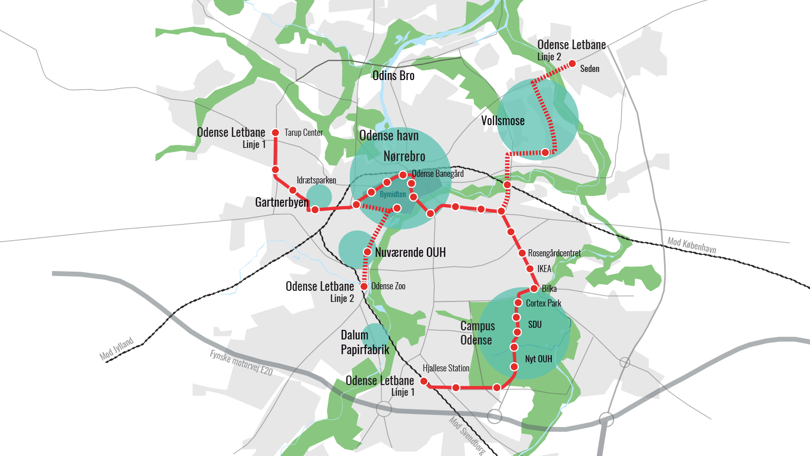 Kort over Odense, som viser sammenhæng mellem bymidten, Vollsmose og Campus Odense