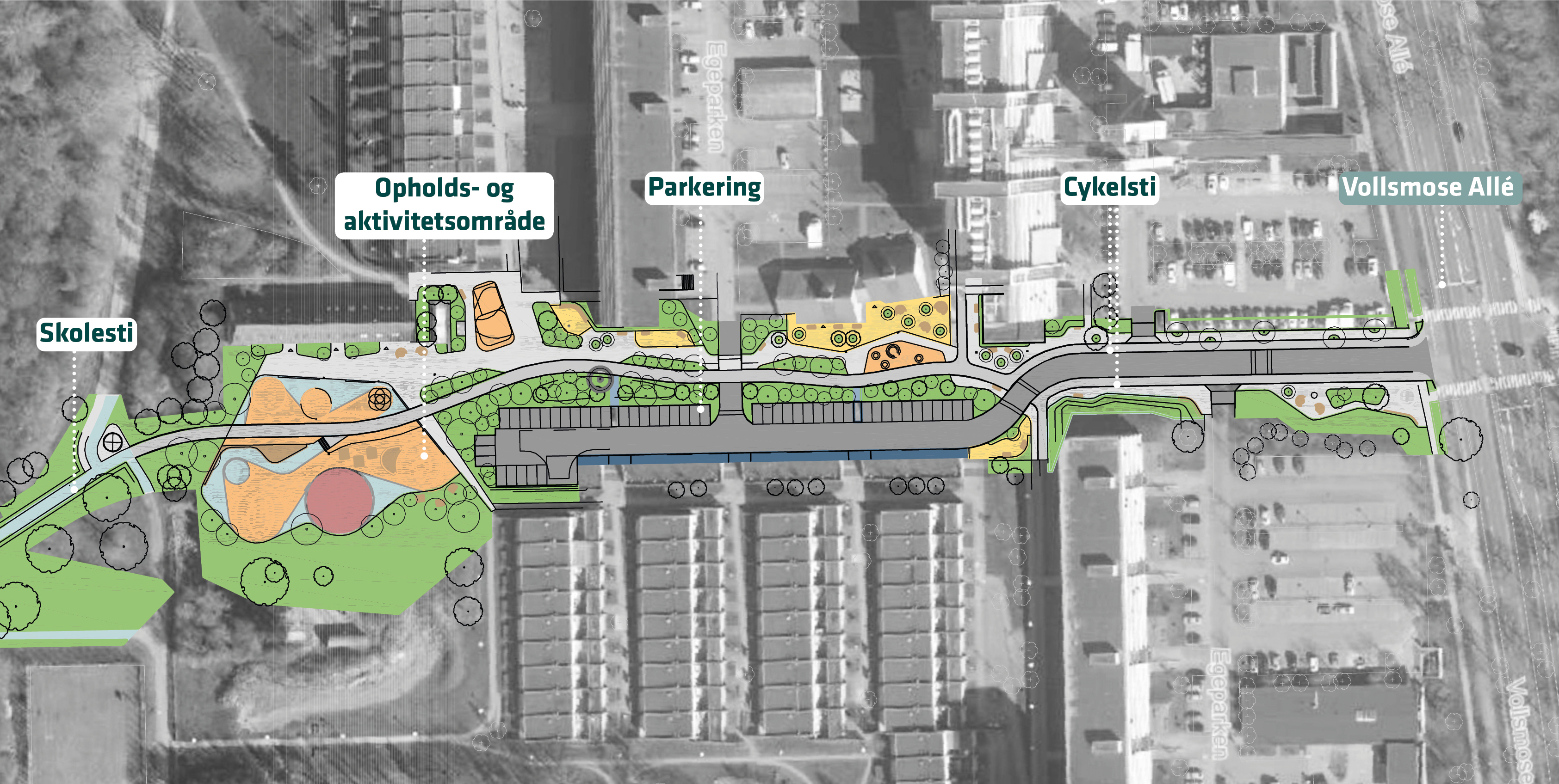 Skolesti, cykelsti og opholdsområde ved Egeparken